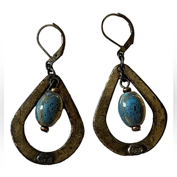 Premier Designs Brass Tone Blue Drop Bead Loop Earrings - Picture 3 of 5